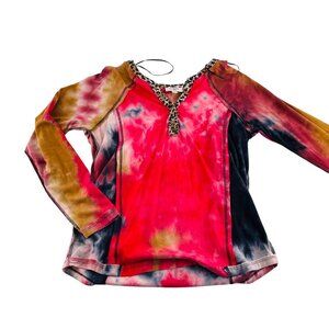Umgee Womens Size Small Tie-Dye Long Sleeve Top With Leopard Trim
